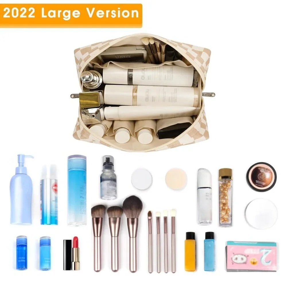 Women Brown Large Makeup Bag Zipper Pouch Travel Cosmetic Organizer